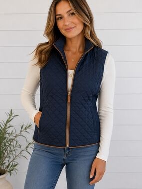 jason maxwell Navy Quilted Vest with Brown Trim